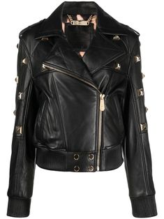 Luxury Black Leather Jacket With Flap Pockets, Luxury Edgy Studded Biker Jacket, Luxury Black Studded Biker Jacket, Phillip Plein Sneakers, Philipp Plein Jacket, Black Tweed, Philipp Plein, Lady Biker, Studded Leather