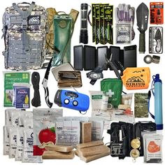 Personal Protection/Comfort 1 50L 900D Premium Expeditionary Backpack 1 DEET Insect Repellent Spray Bottle 2 Leather Work Gloves 2 Bivvy Emergency Sleeping Bag 2 Emergency Survival Tent w/ Strapping 2 All Weather Emergency Poncho 2 Reflective Mylar Thermal Blanket - 82in x 52in 1 Playing Card Deck 1 Irish Spring Soap Emergency Food & Water 2 SOS Foods 3600 Calorie Emergency Food Ration Pack - 5 Year Exp 12 SOS Foods 4.2oz Emergency Drinking Water Pouch - 5 Year Exp 1 Backpack Hydration Pack w/ 3 Go Bag Emergency, Backpack Survival Kit, Backpack Survival, Emergency Backpack, Survival Tent, Survival Card, Leather Work Gloves, Survival Backpack, Emergency Survival Kit