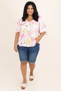 Look petal perfect in this top! The pink color is so cute and the floral pattern is super sweet! This cutie has a lightweight feel so you can stay comfy and a flowy look to it so you will look so good! Style this with jean shorts and sandals for a super stylish look! 100% Rayon Super Sweet, The Pink, Pink Color, So Cute, Jean Shorts, Floral Pattern, Womens Shorts, Sandals, Floral