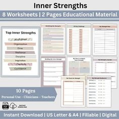 Inner Strength Worksheets - the perfect therapy resource for fostering personal growth!  These therapy worksheets are designed to provide anxiety relief and enhance coping skills in a strengths-based approach.  Delve into exercises that promote self-awareness and empower you to navigate life's challenges with a growth mindset in our Internal Family Systems focused worksheets. Whether you're utilizing these worksheets in the comfort of your home or within a therapist office, they offer a valuable tool for self-reflection and personal development. INCLUDED My Strength Plan  30 Day ChallengeIdentifying My StrengthsMy Strength EvaluationBuilding My Inner Strength100 StrengthsMy Plan to Achieve Inner StrengthTop Inner StrengthsMy Goals for StrengthMy Strengths Journal FEATURES Printable - just Internal Family Systems, Phd Life, Therapist Office, Personal Growth Plan, Family Systems, Mental Health Advocate, Core Beliefs, Therapy Worksheets, Spiritual Health