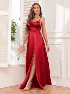 #color_Cherry Red Romantic Gown, Enchanting Dress, Satin Formal Dress, Cherry Dress, Stretch Satin, Thigh High, Tie Back, Satin Fabric, Occasion Dresses