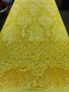 Damask Leaf - Shiny Yellow - 4 Way Stretch High Quality Fancy Pattern Shiny Sequins Embroidered Fitted Sequin Fabric For Celebration, Festive Glamorous Sequin Fabric With Rhinestones, Glamorous Festive Sequin Fabric With Rhinestones, Glamorous Festive Embroidered Fabric With Sequins, Glamorous Embroidered Sequin Fabric For Party, Embroidered Fitted Sequin Fabric For Banquets, Glamorous Sequin Fabric With Rhinestones For Banquets, Glamorous Embroidered Sequin Fabric For Festive, Embroidered Lace Sequin Fabric For Party