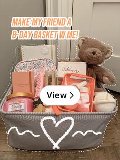 a teddy bear sitting next to a basket filled with personal care items and other things