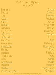 a yellow poster with words written in different languages on it, including the word neutral personality traits for your oc