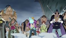 one piece characters are standing in front of an island with many other characters behind them