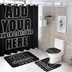 a bathroom with black and white shower curtain, toilet and rugs that read add your photo / text here