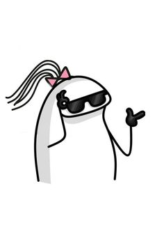 a cartoon cat with sunglasses on its head and long hair, pointing to the side