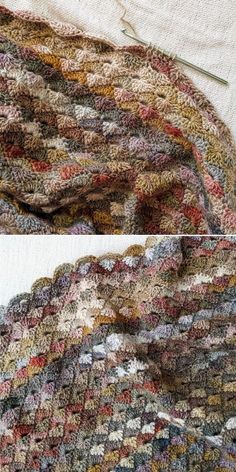 two pictures of the same knitted blanket, one with different colors and patterns on it