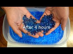 two hands are holding blue beads in a plastic container with the words after 4 hours