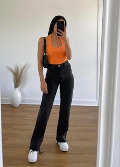 Orange Crop Top Outfit Summer, 90s Straight Leg Jeans Outfit Summer, Black Jeans Orange Top Outfit, Orange Top Black Pants Outfit, Black Straight Leg Jeans Outfit Summer, Black Wide Leg Jeans Outfit Summer, Orange Top Black Pants, Summer Straight Leg Dark Wash Cargo Jeans, Basic Orange Tops For Streetwear