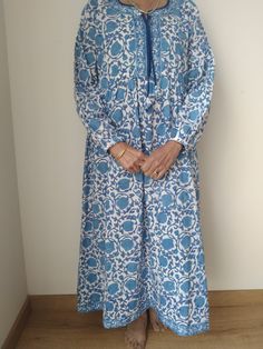 Boho Cotton dress Size S/M chest 42 inches Hips approx 50 inches ++ Length approx 47-48 inches Casual Cotton Nightgown For Vacation, Traditional Long Sleeve Loungewear Dress, Spring Vacation Cotton Nightgown, Blue Cotton Boho Maxi Dress, Blue Floral Print Cotton Kaftan, Blue Floral Cotton Kaftan, Traditional Summer Home Dress, Blue Cotton Kaftan With Floral Print, Long Sleeve Printed Loungewear Dress