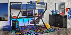 a bunk bed with a desk underneath it and other items on the floor next to it