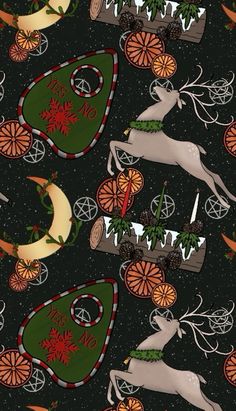 a black background with an image of deers and pumpkins in the night sky