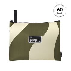 a green and white striped pouch bag with the name nake on it's side