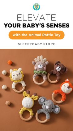 several crocheted animal rattlers with text overlay that reads, elevate your baby's sense with the animal rattle toy sleepybaby store