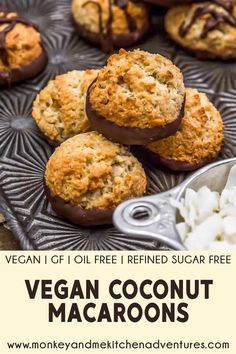 vegan coconut macaroons with chocolate drizzled on top and text overlay