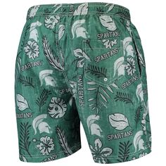 Enjoy a day out in the sun in some Michigan State Spartans gear with these Vintage Floral swim trunks from Wes & Willy. Perfect for the beach or the pool, these shorts come complete with Michigan State Spartans graphics and an adjustable drawstring closure to ensure just the right fit. Brand: Wes & Willy Elastic waistband with drawstring Faux fly Imported Machine wash, tumble dry low Material: 100% Recycled Polyester  Body; 100% Polyester  Lining Mesh lining Officially licensed One back Green Summer Sports Swim Trunks, Summer Short Swim Trunks For Sports, Short Swim Trunks For Summer Sports Events, Green Summer Swim Trunks For Sports, Moisture-wicking Swimwear For Sports, Green Swim Trunks For Summer Activities, Green Swim Trunks For Beach, Green Beachwear Swim Trunks For Summer, Green Hawaiian Swim Trunks For Swimming