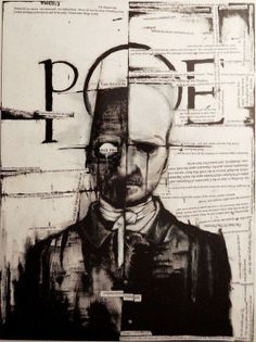 a black and white drawing of a man's face with newspaper pages in the background