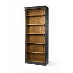 an empty wooden bookcase on a white background