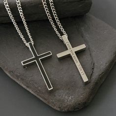 This beautiful cross necklace is made with a stainless steel cross and chain. The cross has a black enamel center on one side and plain steel on the other.  Cross Height: 1.8 inches (4.5 cm), Cross Width: 1 inch (2.5 cm). The front side has a shiny silver color with a shiny black cross in the middle. The sides are shiny silver color sides and the back of the cross has a silver mate color. The engraving looks great on the sides and the back side but note that the sides are a bit larger than the back (0.019 inches vs 0.014 or 0.5mm vs 0.35) and can a bit less text. Select the Engrave Message option to further personalize your cross pendant!  We engrave on the vertical side by default on the back but we can engrave horizontally if you prefer, write this in the personalization field. If you se Boys Cross Necklace, Cross Pendant Men, Personalized Cross Necklace, Engraved Cross, Funny Disney, Personalized Cross, Steel Cross, Personalized Gifts For Men, Beautiful Cross