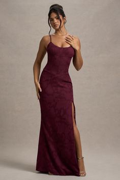 Captivate from all angles this summer in Intimacy, our figure-flattering maxi dress. Designed in a rich plum shade highlighted by soft floral detailing, this ethereal piece features a sculpting corset bodice, lace-up back adjustable cami straps for a personalised fit. Complete with a tantalising leg split, there are so many details to love with Intimacy. Features - Premium fil coupe- Scoop neckline- Corset bodice - Adjustable cami straps- Invisible zip closure - Lace-up back- High-leg split- Max Flattering Maxi Dress, Leg Split, Black Dress Prom, Black Tie Gala, Corset Bodice, Party Dress Long Sleeve, Split Maxi Dress, Bridesmaid Outfit, Christmas Party Dress