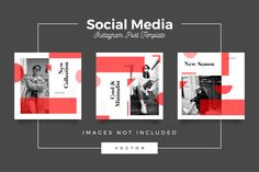 social media post templates with red and white geometric shapes on a dark gray background