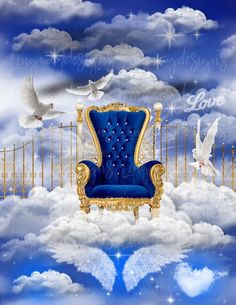 a blue chair sitting on top of a cloud filled sky with birds flying around it