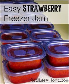 freezer jam in plastic containers stacked on top of each other with text overlay