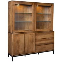 a wooden cabinet with glass doors and drawers