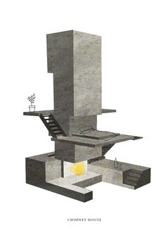 a drawing of a house with stairs and steps leading up to the roof, in grey tones