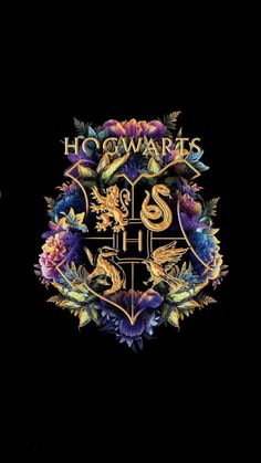 the hogwarts crest is shown on a black background with purple and yellow flowers