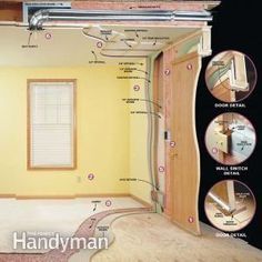 the inside of a room that has been painted yellow and is being displayed in an advertisement for handyman