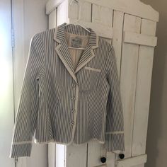 Ready To Wear. Excellent Condition. New Without Tags. Spring / Summer Ready. One Chest Pocket, Covered Buttons, Beautiful Trimmed. The Fabric Reminds Me Of The Old Blue Pinstriped Mattress Covering. Gorgeous With A Crispy Spring Look. 98% Cotton. 2% Spandex. Business Casual, Country Club,Coastal, Pair With Jeans Or Dress It Up. Casual Striped Blazer For Work, Spring Casual Outerwear With Striped Collar, Casual Spring Outerwear With Striped Collar, Striped Buttoned Outerwear For Spring, Spring Striped Buttoned Outerwear, Fitted Cotton Outerwear With Striped Pattern, Casual Striped Blazer With Button Closure, Fitted Striped Cotton Outerwear, Striped Fitted Cotton Blazer