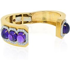 Capture the essence of timeless elegance and indulge in the allure of this exquisite David Webb Platinum & 18K Yellow Gold Cabochon Amethyst And Diamond Cuff Bracelet. A true masterpiece crafted with passion and attention to detail, this bracelet is designed to captivate the hearts of discerning fine jewelry connoisseurs.Immerse yourself in the breathtaking beauty of this wide textured yellow gold hinged cuff. Its luxurious appeal is enhanced by the presence of four mesmerizing oval cabochon ame Luxury Cuff Bracelet Bangle With Gemstone Accents, Elegant Bangle With Gemstone Accents, Luxury Wedding Bracelets With Gemstone Accents, Luxury Gemstone Accented Bracelets For Formal Occasions, Luxury Bracelets With Gemstone Accents For Formal Events, Luxury Bracelets With Gemstone Accents For Formal Occasions, Luxury Yellow Gold Cuff Bracelet With Gemstone, Elegant Multi-stone Cuff Bangle Bracelet, Elegant Cuff Bracelet With Gemstone Accents