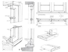 some drawings showing different types of windows and their features, including the window sill