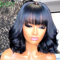 Short Wave Bob Wigs With Bangs 100% Human Hair Glueless Full Machine Made Wigs Hair Texture: Short Wave Bob Length: 8-14inch Available Hair Material: 100% Human Hair Hair Color: Black Natural Color. Hair Density: 180% Cap Color: Medium Brown Cap Color Cap Type: Glueless Wig With Combs And Straps. Feature: Hair Can Be Straightened And Curled, Can Be Dyed Bleached Life Time: Last More Than 12 Months Advantage: No Tangle, No Shedding, Healthy Shiny Luster, Soft Never Ever Used , Too Dark For My Face Bob Hairstyles Medium, Body Wave Bob, Brazilian Hair Wigs, Wavy Curls, Corte Bob, Medium Bob Hairstyles, Indian Remy Hair, Wig With Bangs