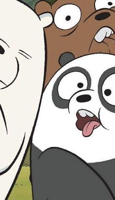 two cartoon pandas are hugging each other in front of an angry bear and another one is looking at the camera