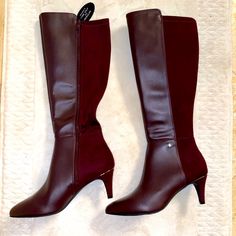 Nwob Alfani Burgundy Boots. Never Worn. Pet Free/Smoke Free Home Tall Boots For Formal Fall Occasions, Tall Formal Boots For Fall, Winter Suede Boots For Office, Winter Office Boots In Suede, Burgundy Boots With Reinforced Heel For Fall, Tall Winter Boots With Almond Toe, Burgundy Almond Toe Boots For Fall, Tall Almond Toe Winter Boots, Fitted Burgundy Boots For Winter