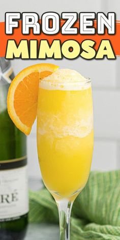 the frozen mimosa is garnished with an orange slice