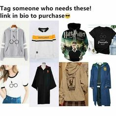 some harry potter sweatshirts are on display with the caption tag someone who needs these links link in bio to purchase