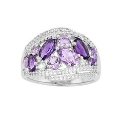 This stunning ring features a combination of vibrant purple and brilliant white stones that creates an elegant and eye-catching design, and makes it the perfect piece for adding a touch of luxury and sophistication to any outfit. Click on this JEWELRY & WATCHES GUIDE to learn about fit, styles, materials and more! This stunning ring features a combination of vibrant purple and brilliant white stones that creates an elegant and eye-catching design, and makes it the perfect piece for adding a touc Fine Jewelry Purple Rings With Diamond Accents, Fine Jewelry Purple Cluster Rings, Purple Cluster Rings For Formal Occasions, Elegant Purple Cluster Amethyst Ring, Formal Purple Cluster Rings, Purple Cluster Jewelry For Formal Occasions, Purple Diamond Amethyst Ring With Multi-stone, Purple Multi-stone Amethyst Diamond Ring, Purple Cluster Ring With Accent Stones