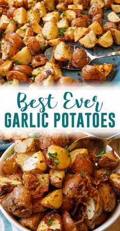 the best ever garlic potatoes in a white bowl