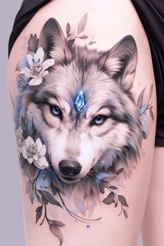 a woman's thigh with an image of a wolf and flowers painted on it