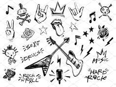 various hand drawn music symbols and designs on a white background, including guitars, microphones,