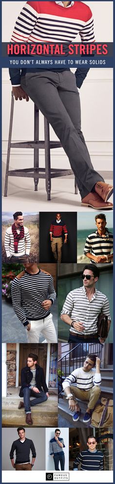 Men, you don't always have to wear solid colors. Sometimes, it's good to throw in a striped shirt or striped sweater in the mix. Here's a collection of striped outfit inspiration for men. Striped Outfit, Famous Outfits, Gents Fashion, Outfits For Men, Socks Men, Stripe Outfits, To Wear, Male Fashion Trends, Chic Casual