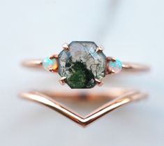 Hexagon Diamond Ring, Hexagon Engagement Ring, Hexagon Wedding, Diamond Alternative Engagement Ring, Geometric Stone, Hexagonal Ring, Moss Agate Engagement Ring, Hexagon Diamond, Agate Engagement Ring