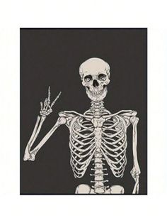 a skeleton holding a knife in it's right hand and pointing to the left