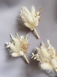 three white flowers are placed next to each other on a gray surface with silver stems