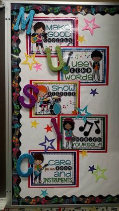 a bulletin board with musical instruments and stars