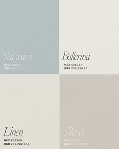 four different shades of gray and white with the names of each brand on them,